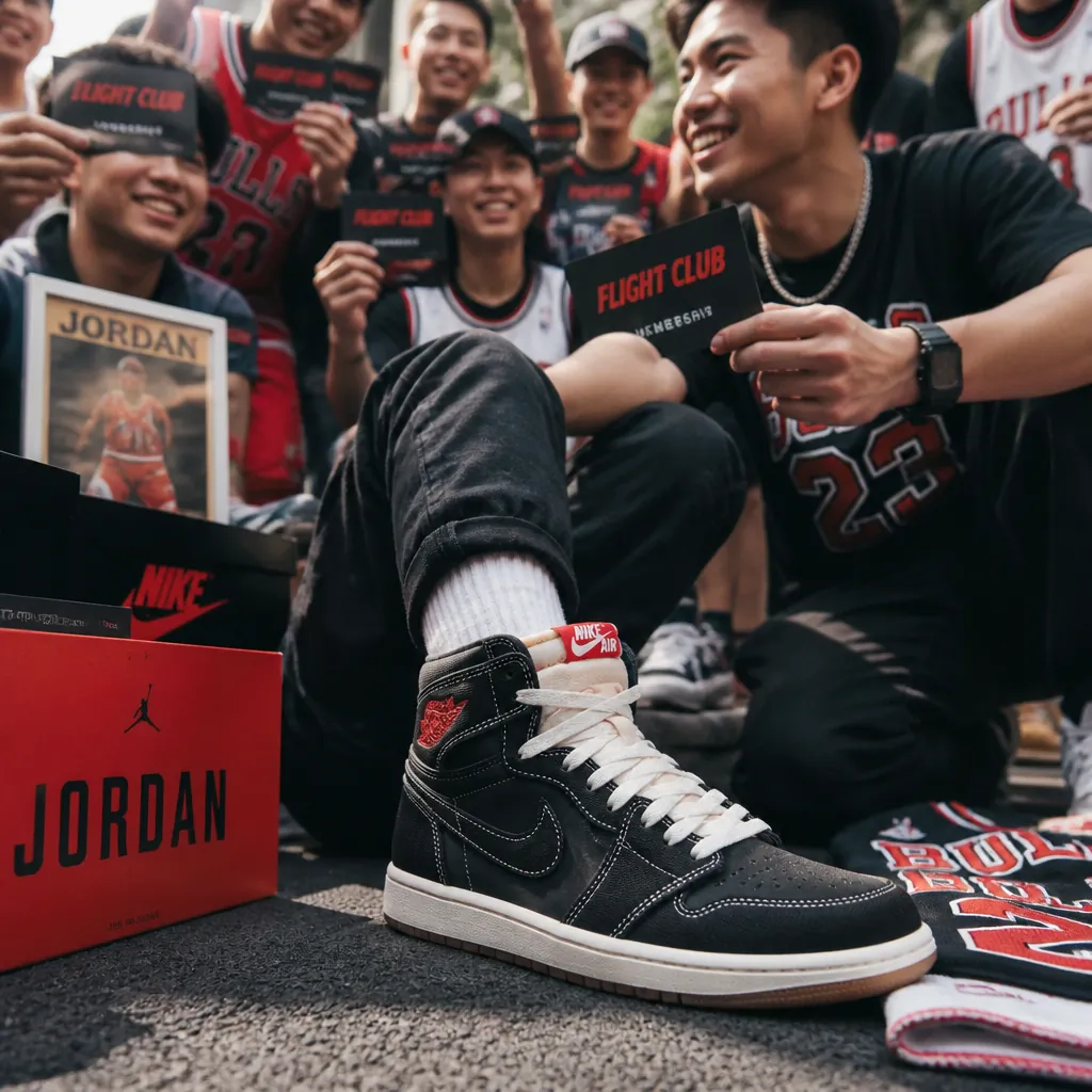 Energetic celebration scene with Jordan enthusiasts showing off their Flight Club memberships, with vintage and modern Jordan merchandise visible in the background