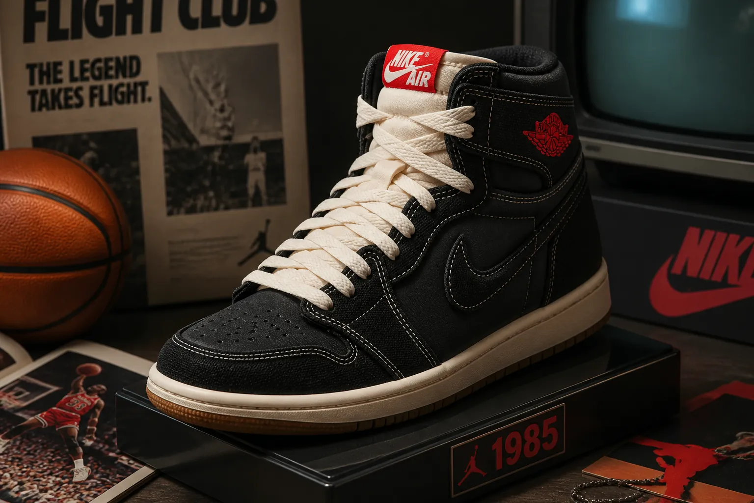 Modern Air Jordan 1 High OG Flight Club displayed on a premium display stand with subtle retro design elements and contemporary studio lighting showing the evolution from classic to modern