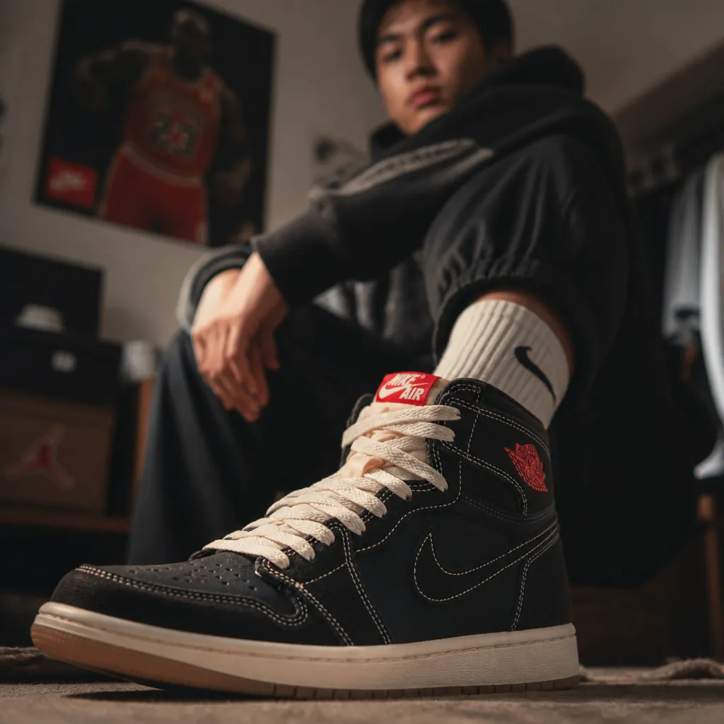 Confident individual wearing Air Jordan 1 High OG Flight Club standing in dramatic lighting, representing the aspirational identity of legendary Jordan fans who never settled for ordinary