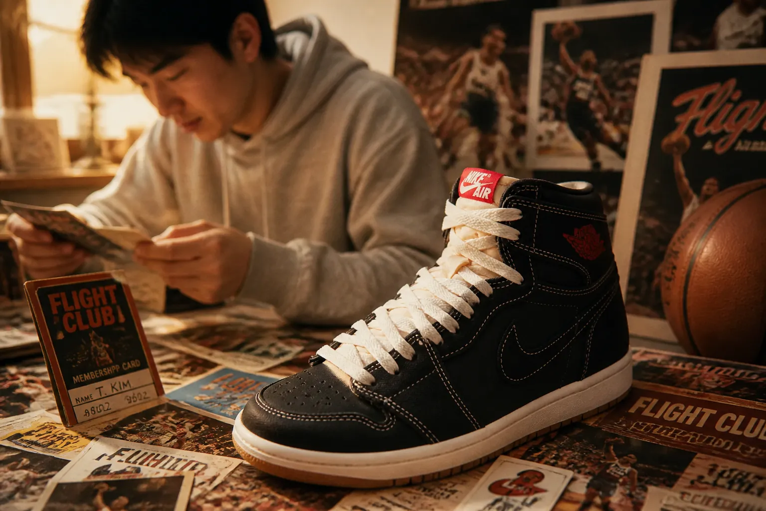 Vintage Air Jordan memorabilia collage featuring 1980s Flight Club membership cards, Jordan posters, and classic basketball photography in retro color grading with warm sepia tones