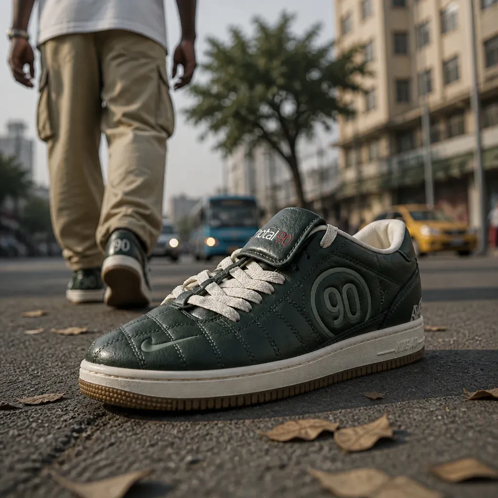 New street-ready Nike Total 90 Premium with flat rubber sole featured in an urban setting with city backdrop, showcasing modern everyday versatility