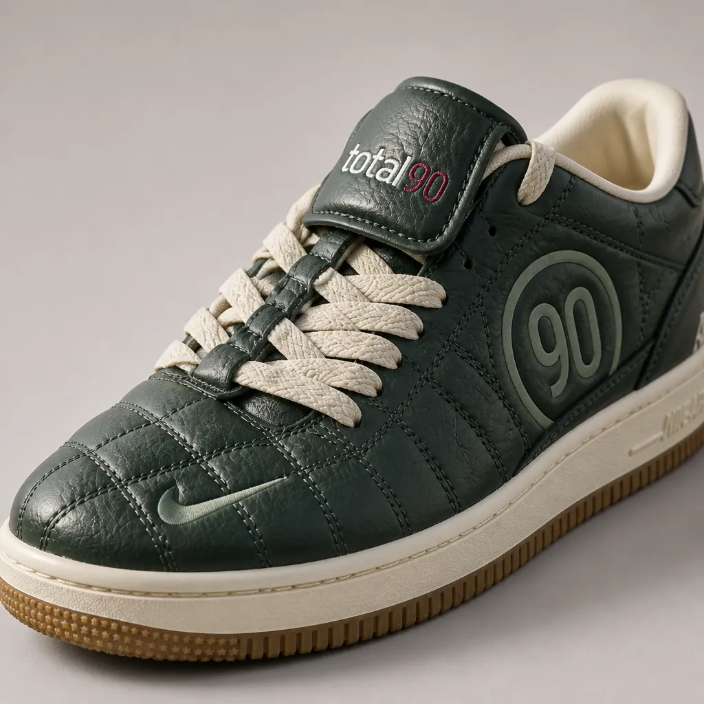 Close-up macro photography of Nike Total 90 Premium showing embroidered logo, premium leather texture, and quality stitching in soft studio lighting