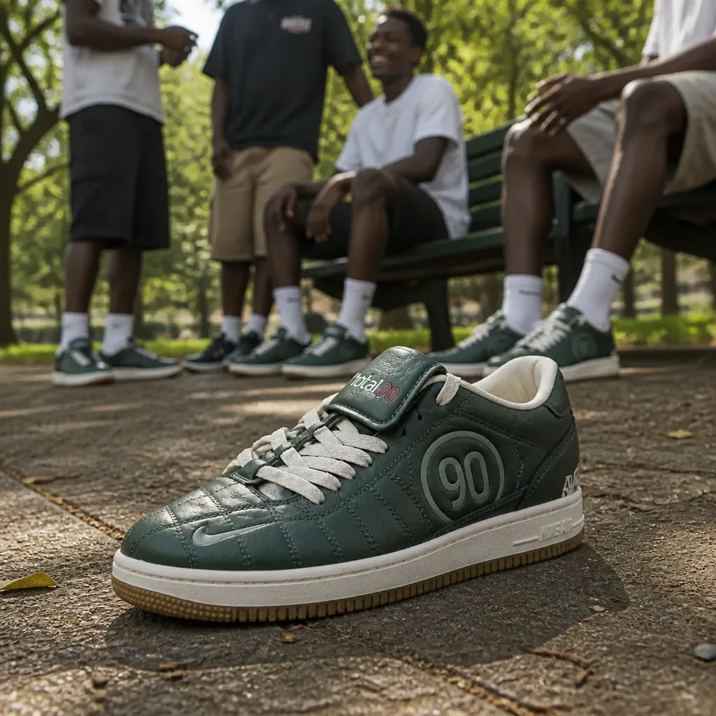 Group of friends hanging out on weekend wearing matching Nike Total 90 sneakers at a park