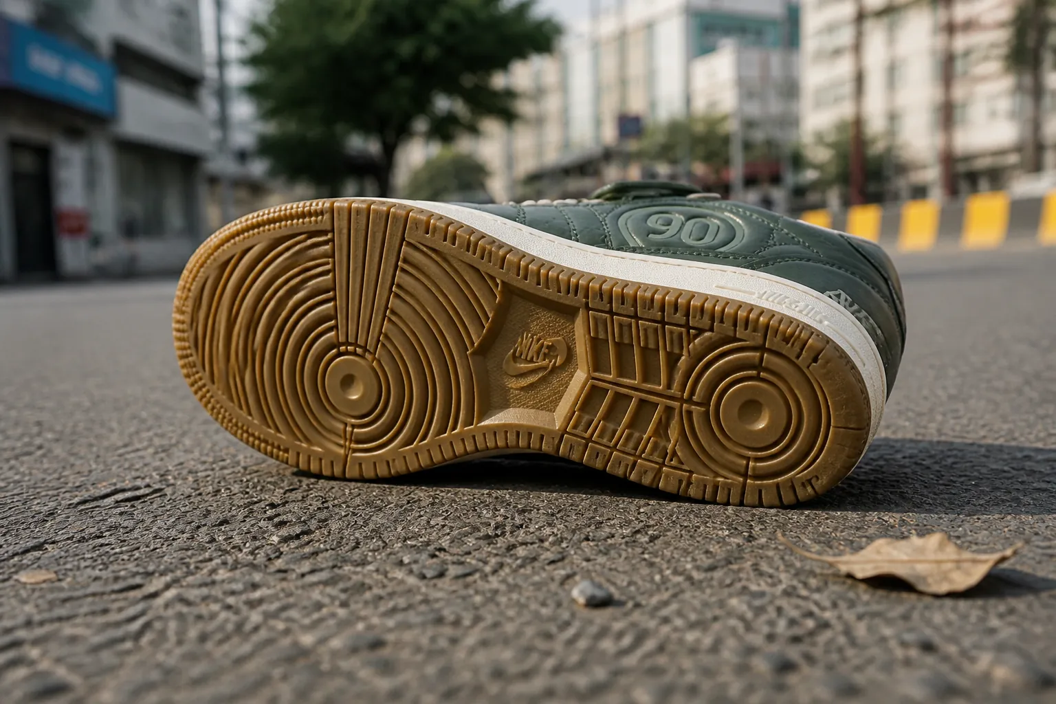 Bottom view of rubber outsole showing tread pattern designed for street traction with city reflection