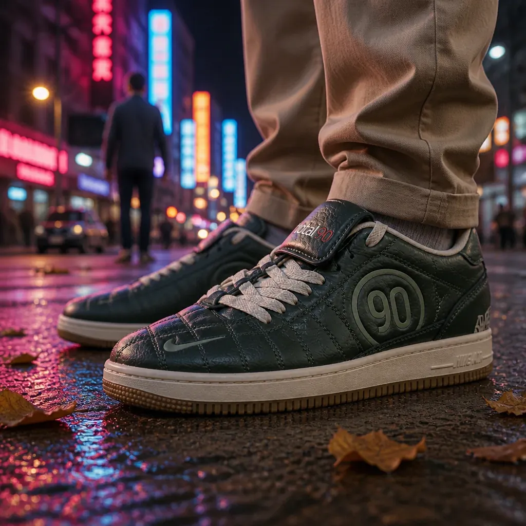 Night city vibe with person wearing Nike Total 90 sneakers standing in front of neon lights