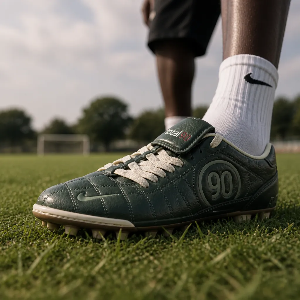 Classic Nike Total 90 football boot featuring traditional studs on a grass pitch, representing the original pitch-perfect design