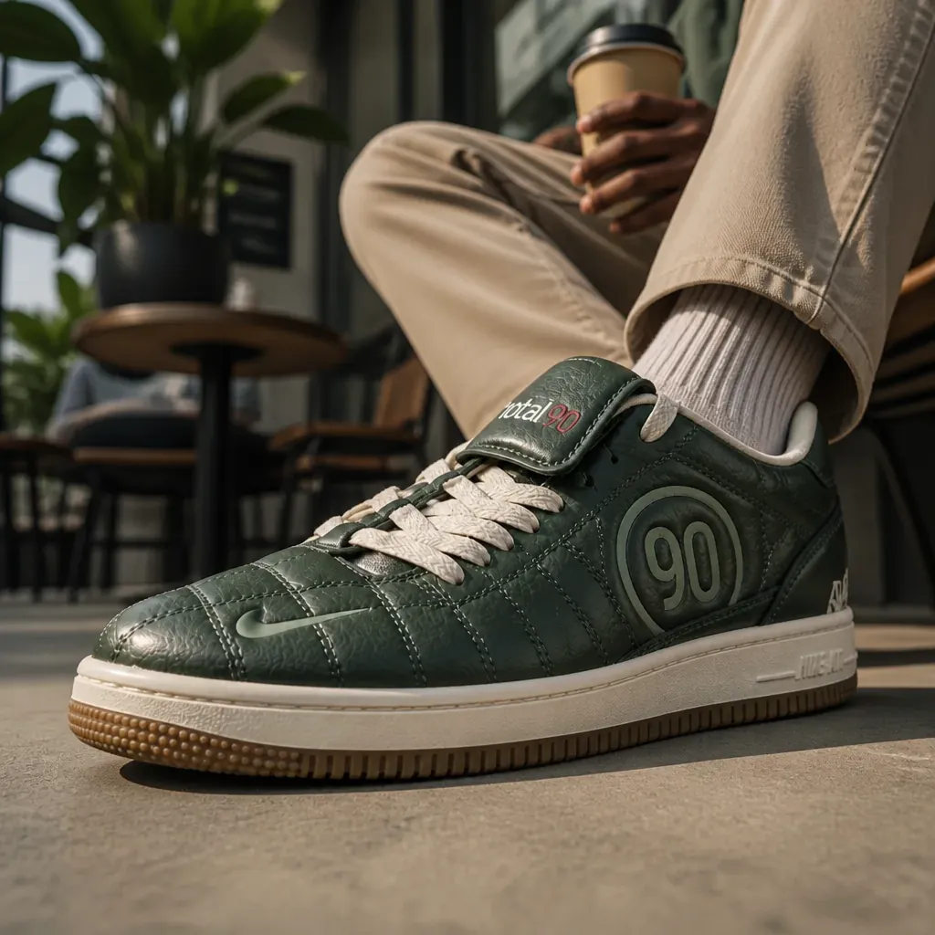 Stylish person sitting at a modern cafe wearing Nike Total 90 sneakers with coffee cup in hand