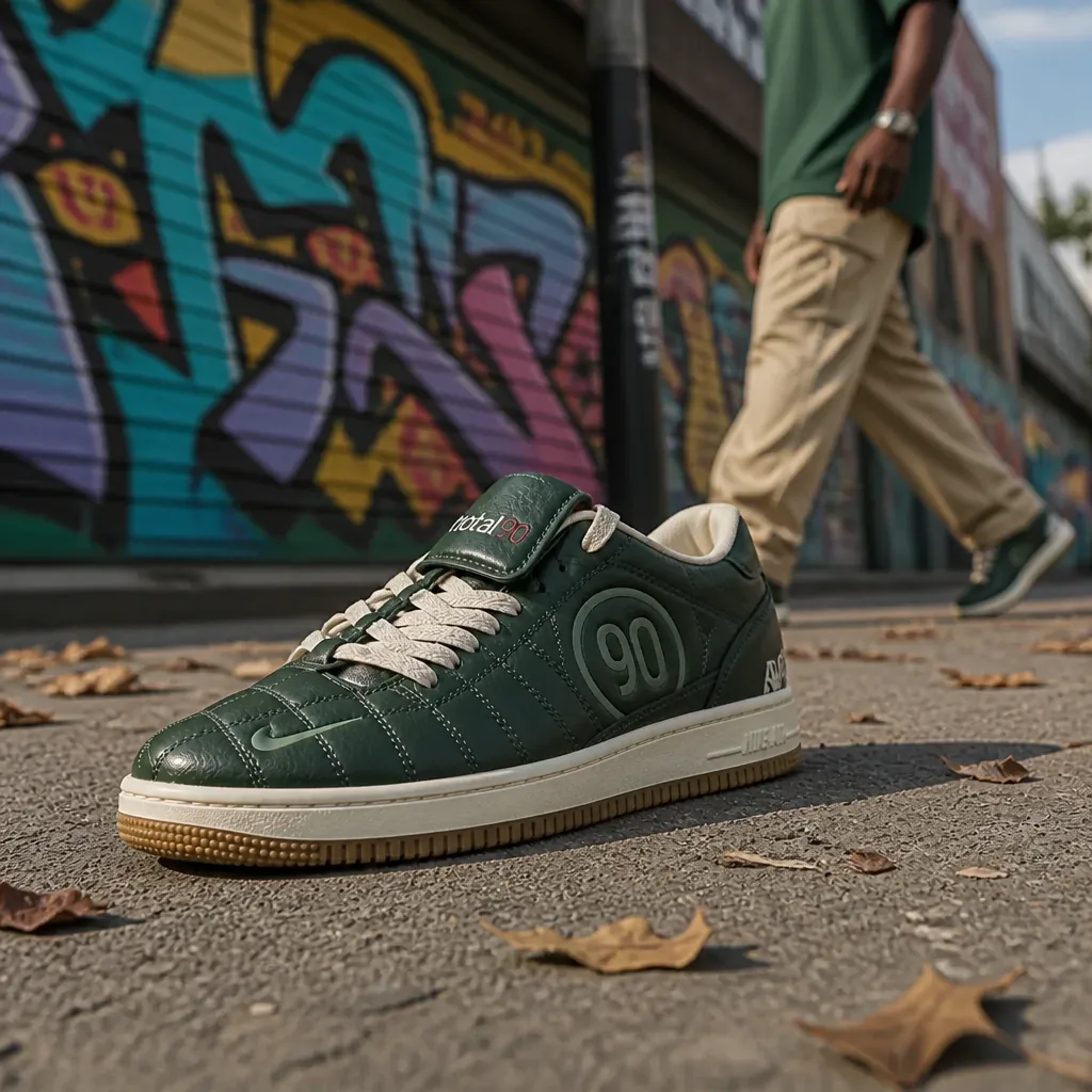 Urban street scene featuring person wearing Nike Total 90 walking down a vibrant city sidewalk with graffiti wall backdrop