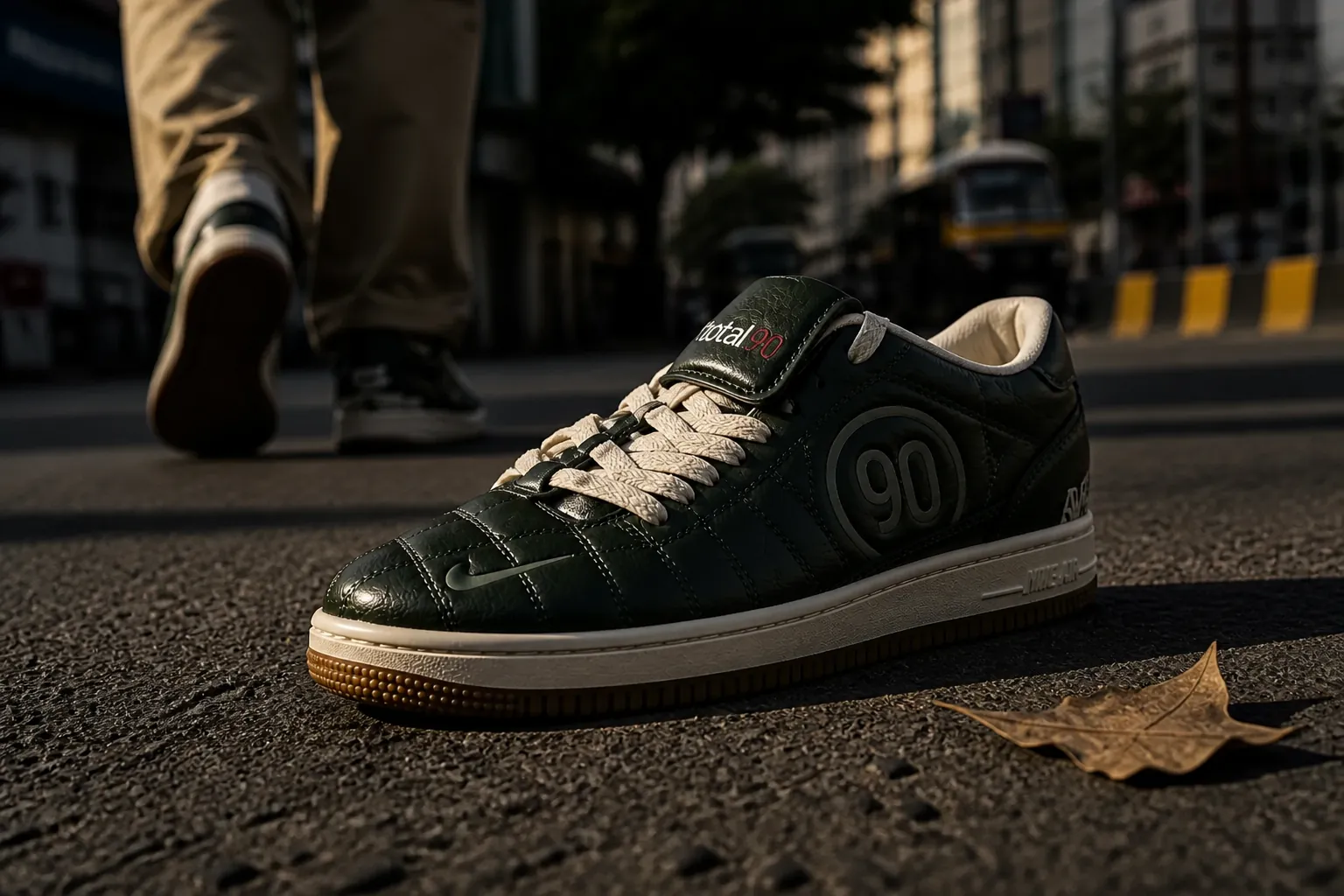Nike Total 90 Premium in classic black colorway displayed on dark surface with dramatic lighting showing sleek silhouette