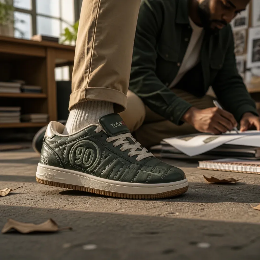 Person in smart casual outfit with Nike Total 90 at a creative workspace setting
