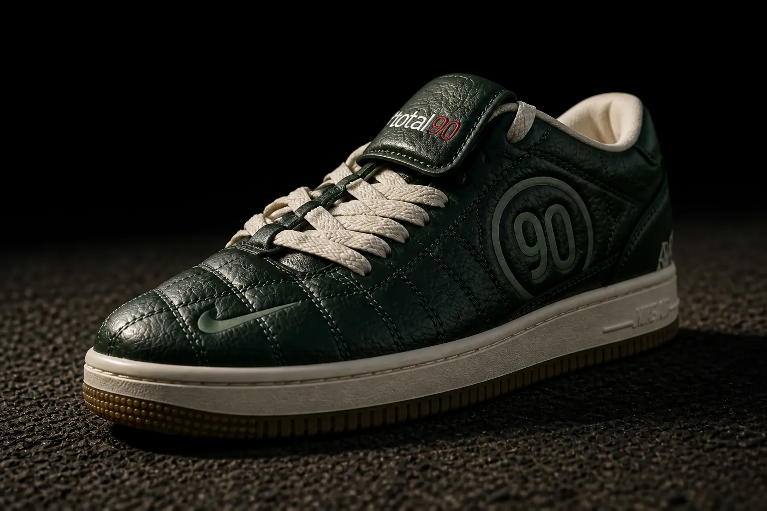 Nike Total 90 Premium sneakers displayed prominently against a dark background with dramatic lighting, showcasing the iconic quilted upper and asymmetrical lacing design