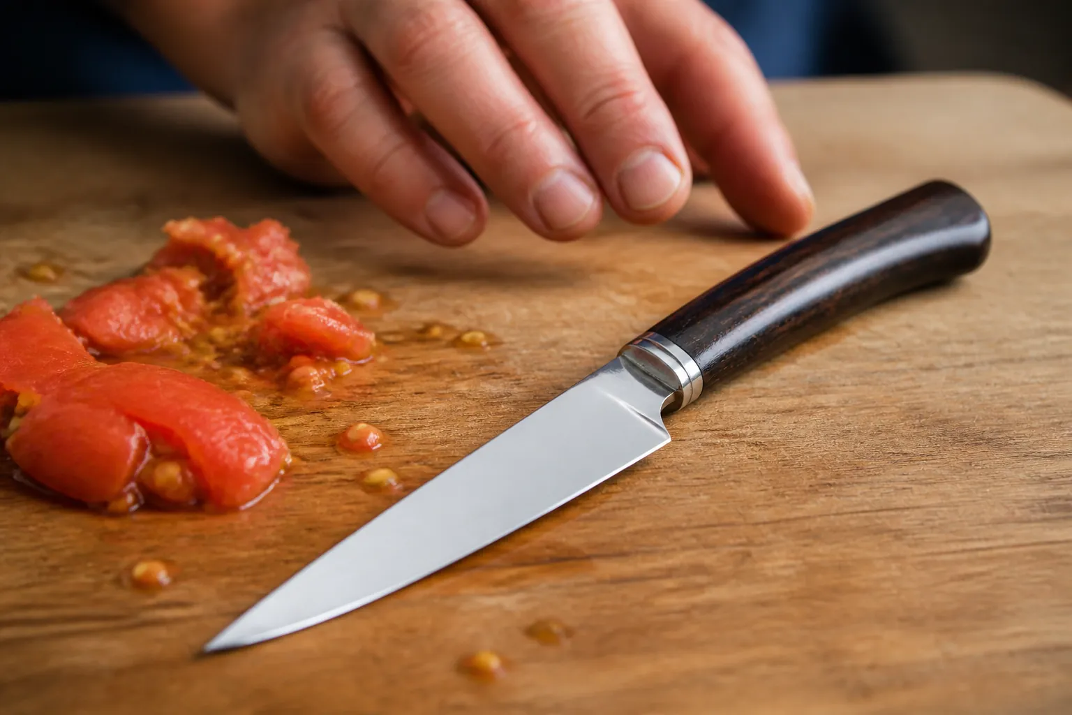 Torn and crushed tomato slice from using a dull knife showing jagged edges and juice loss