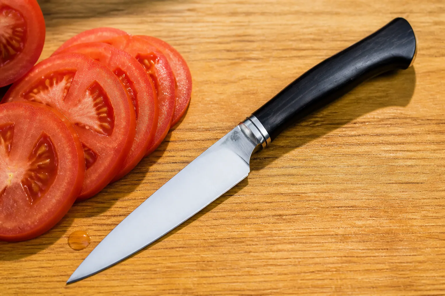 Perfectly sliced tomato with clean smooth edges showing precision cutting