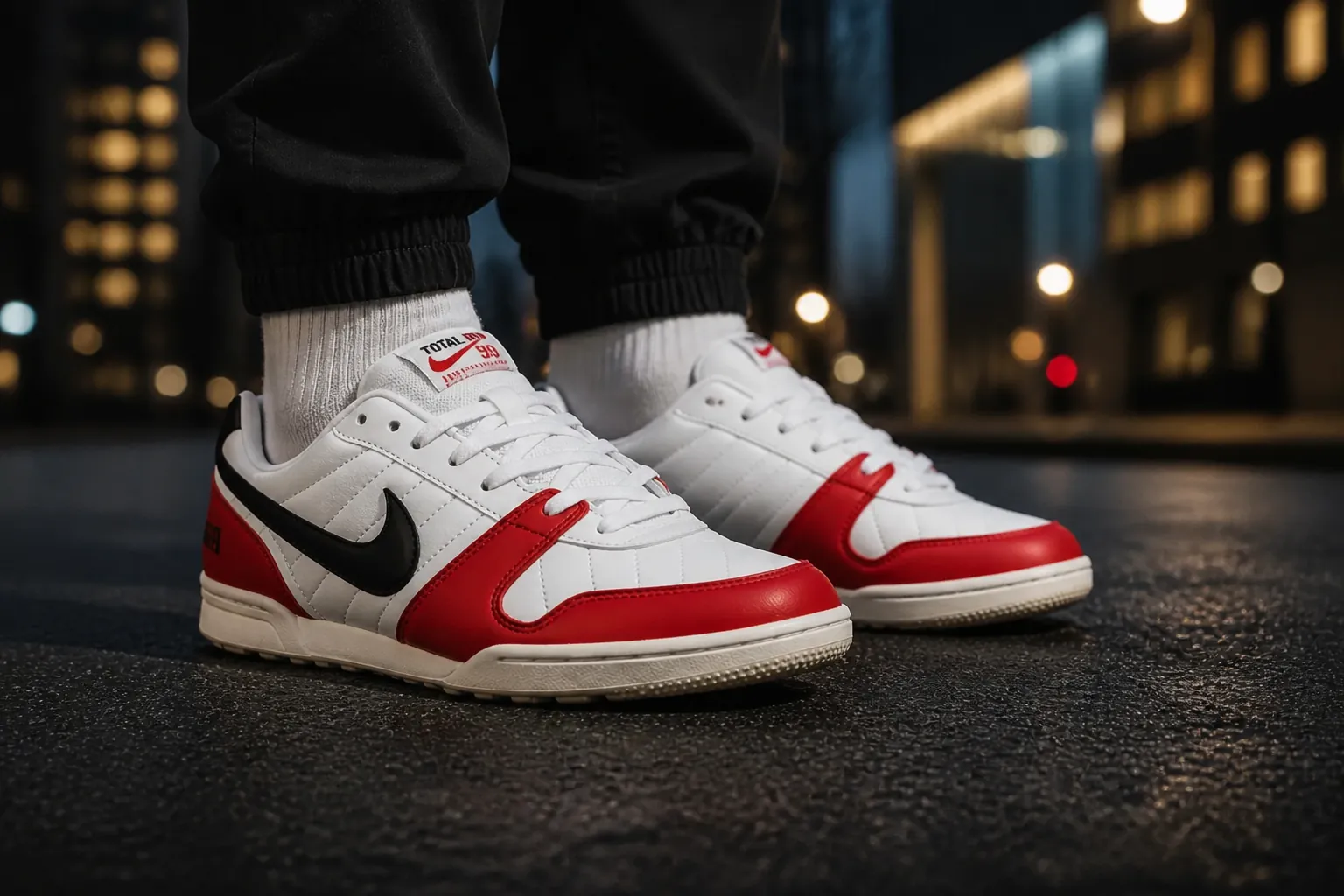 Nike Total 90 Premium sneaker displayed on a premium dark backdrop with dramatic studio lighting, showcasing the quilted upper and asymmetrical lacing detail