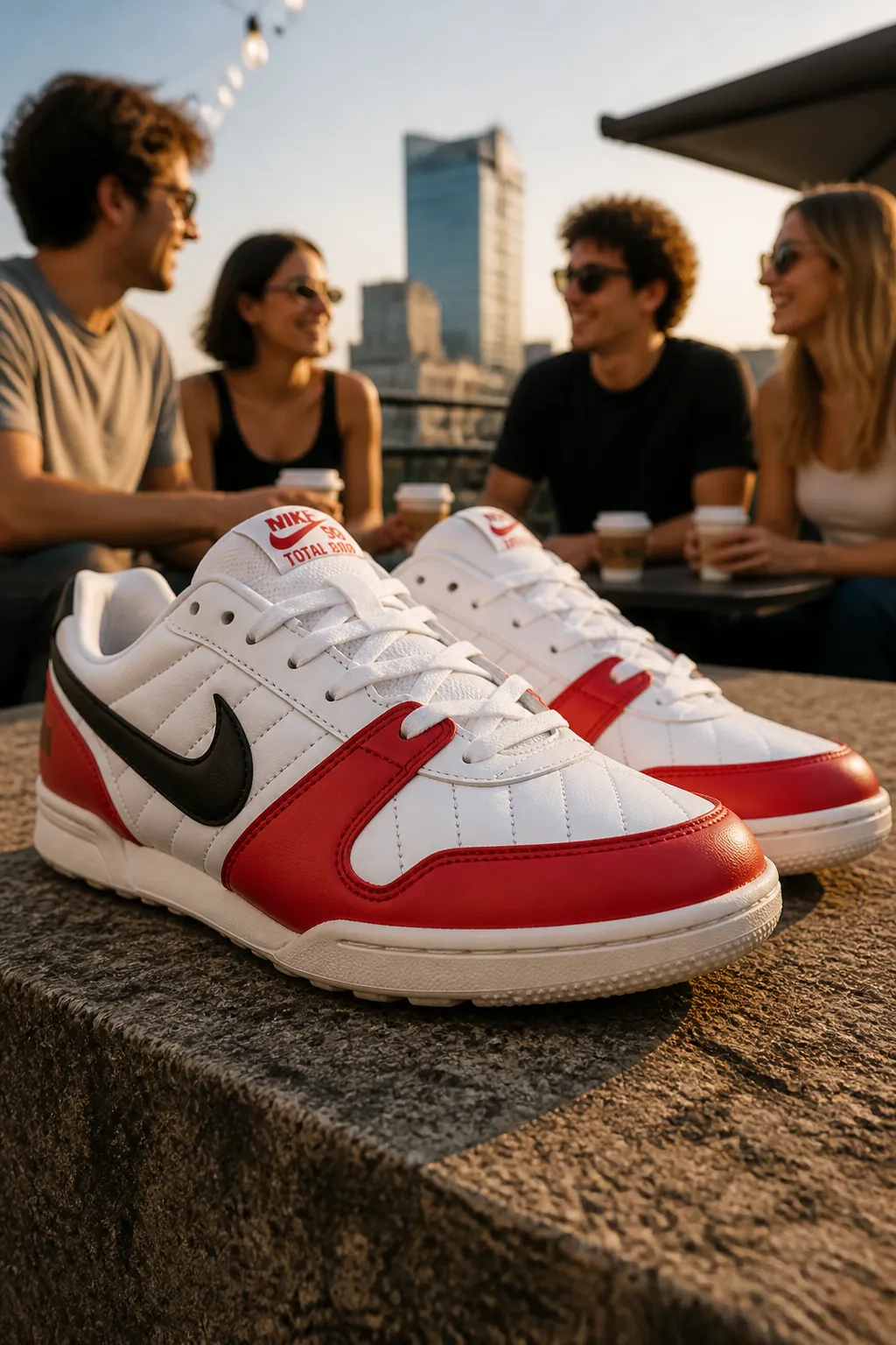 Group of friends enjoying weekend coffee at an outdoor cafe, one wearing Nike Total 90 Premium sneakers with a relaxed casual outfit, warm golden hour natural light, urban rooftop setting