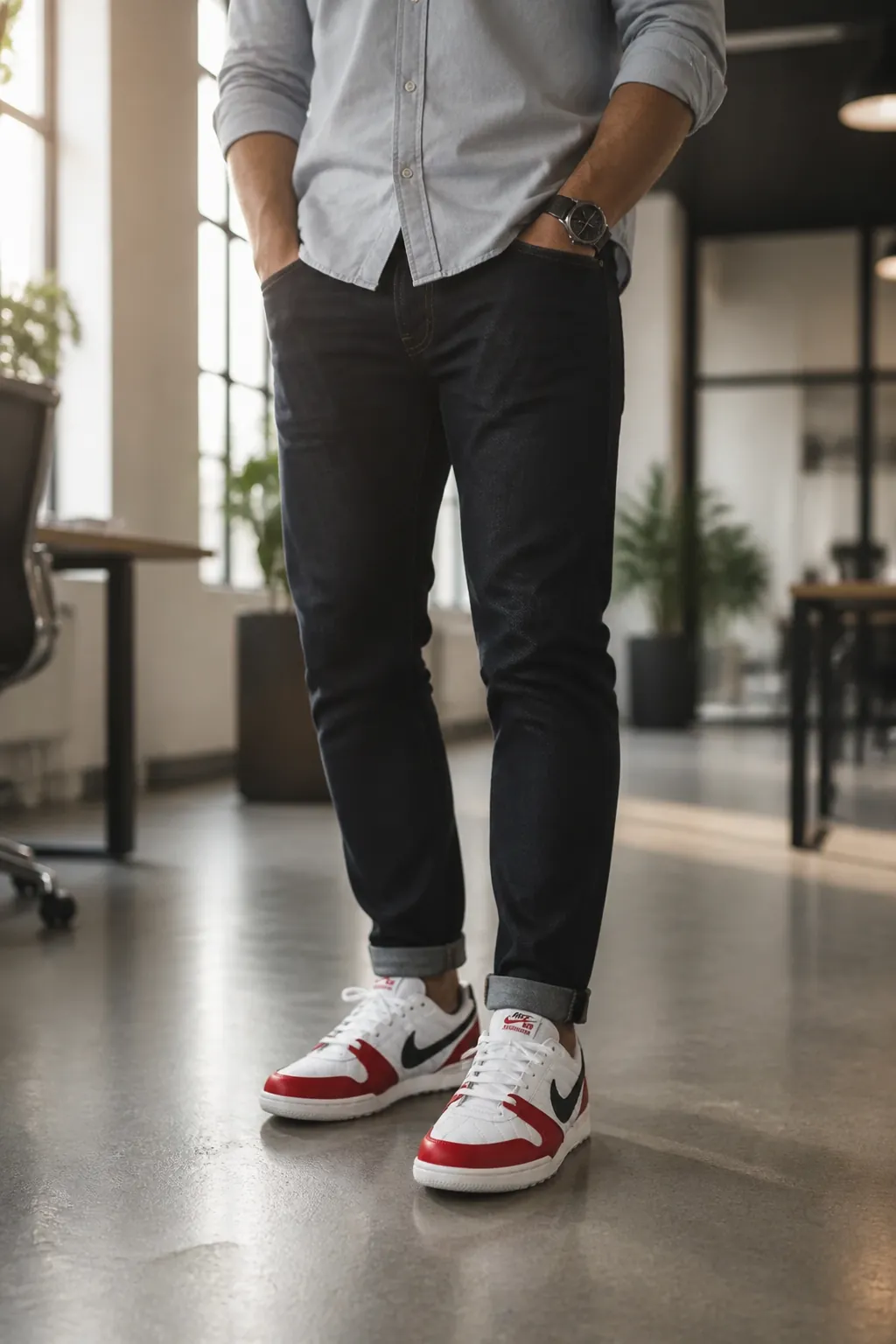 Young professional man in business casual outfit with rolled sleeves and dark jeans, confidently wearing Nike Total 90 Premium sneakers in a modern office setting with warm natural lighting