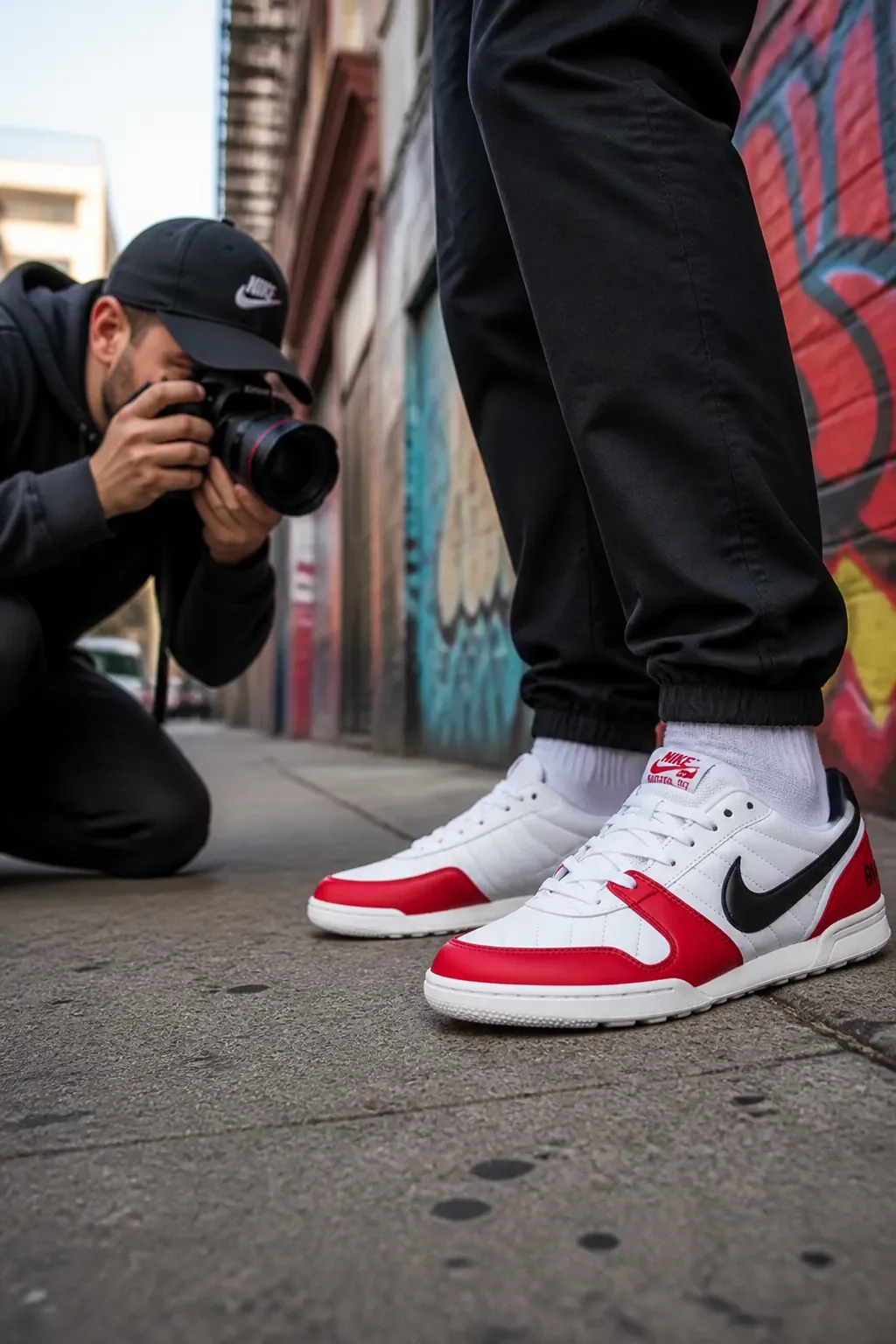 Fashion-forward urban street photographer capturing a stylish individual in the city, with Nike Total 90 Premium sneakers as the focal point, surrounded by colorful graffiti walls and modern architecture