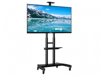 Universal Mobile TV Stand with accessories shelf and camera holder displayed in a modern living room setup with perfect lighting