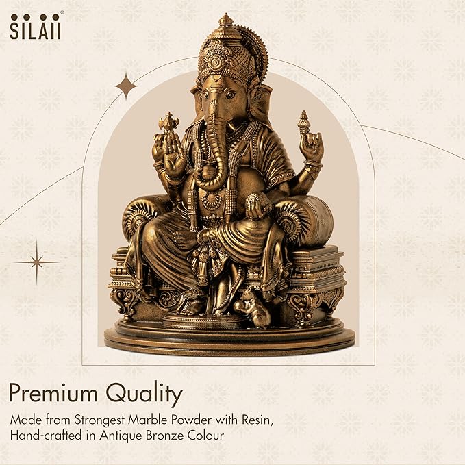 Intricately carved Lord Ganesha idol with golden marigold garlands and glowing diyas arranged in a sacred puja setup