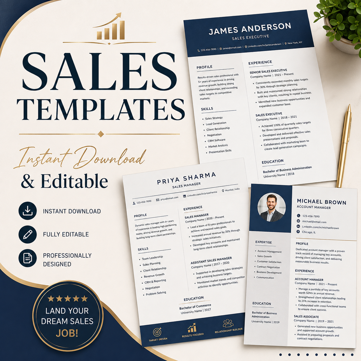 Sharp sales professional resume template preview with KPIs metrics callouts and achievement badges on a green and white modern layout