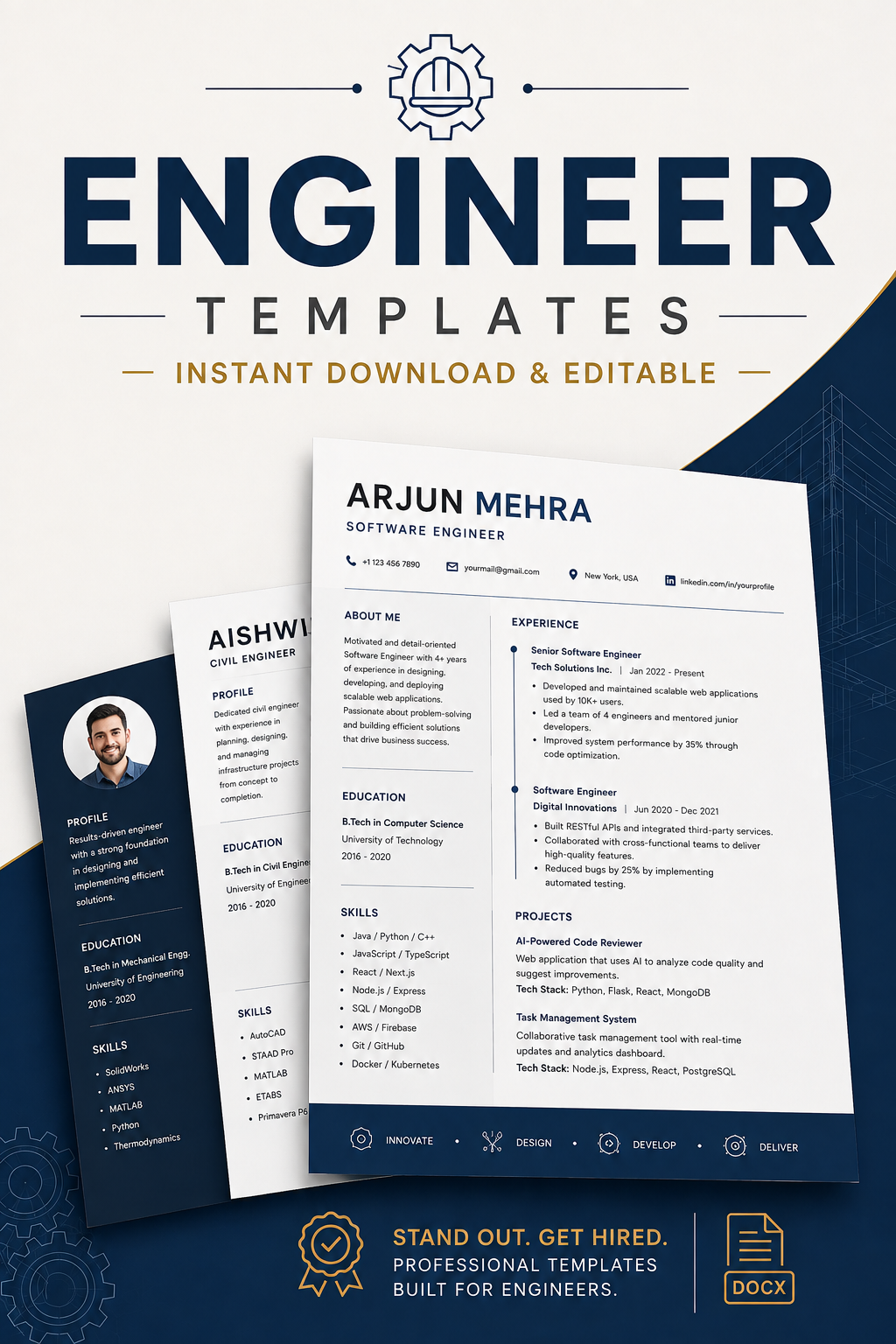 Structured engineer resume template preview with technical skills matrix project timeline and stack icons on a cool blue and white minimal layout